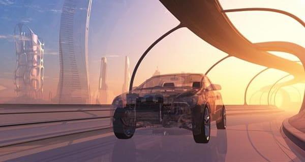 未来的汽车行驶在未来的高速公路上